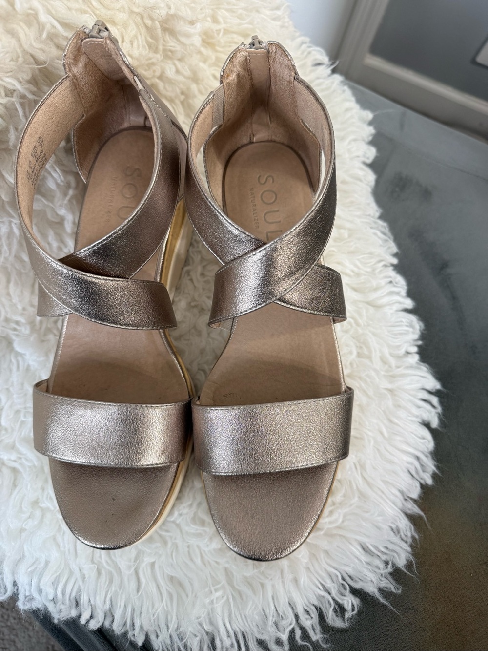 Naturalizer Metallic Taupe Crisscross Strap Sandals